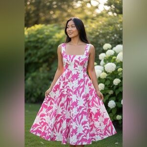 Zara Pink Floral Fit & Flare Midi Dress NWT XL Square Neck Sleeveless Summer